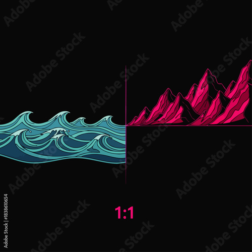A striking graphic illustration contrasts vibrant blue ocean waves with sharp pink mountain peaks, symbolizing natural forces and digital artistry.