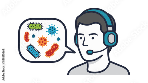 Man Wearing Headset With Microphone Discussing Microscopic Organisms And Bacteria In Speech Bubble With Colorful Viruses And Germs Inside Isolated On Black