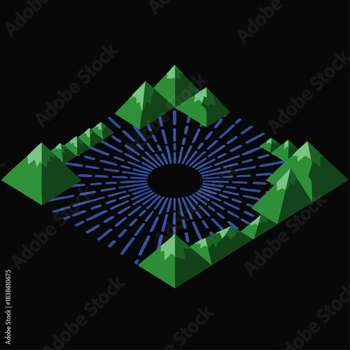 Isometric illustration depicts green mountains surrounding a blue radiating pattern on black, creating a modern abstract visual for various digital projects and creative concepts.