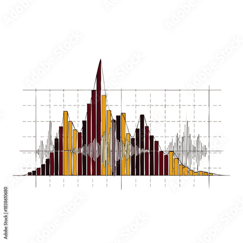 This image depicts an abstract, hand-drawn data visualization with colorful bars and a fluctuating waveform, illustrating complex statistical analysis or sound frequencies.