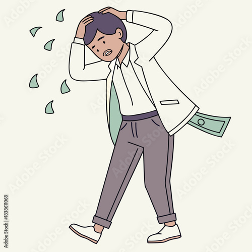 Man in despair with money flying away financial loss concept economic crisis.