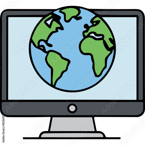 Digital Illustration of a Computer Monitor Displaying a Stylized Globe with Continents in Green and Oceans in Blue Against a Light Blue Background Representing Global Connectivity and Technology