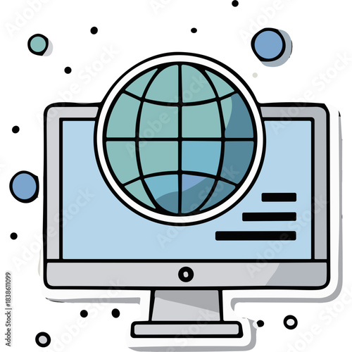 Digital Illustration of a Light Blue Monitor Displaying a Globe Icon Against a Dark Background with Floating Circles and Abstract Elements Representing Global Connectivity and Technology Concepts