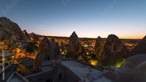 Timelapse of day to night transition of cityscape of Cappadocia in Turkey