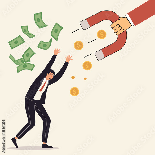 Man struggles to catch money as magnet attracts coins financial concept.