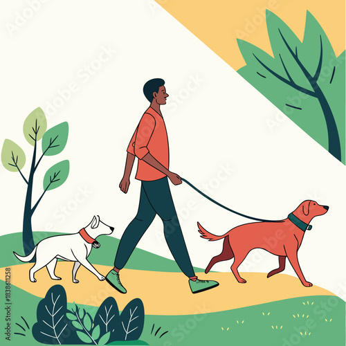 Man walking two dogs on a leash in a park during daytime enjoying the outdoors.