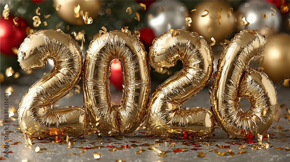 Obraz premium Luxurious golden 2026 balloons with bokeh lights and sparkling confetti, great header for countdown parties, clubs and holiday campaigns.