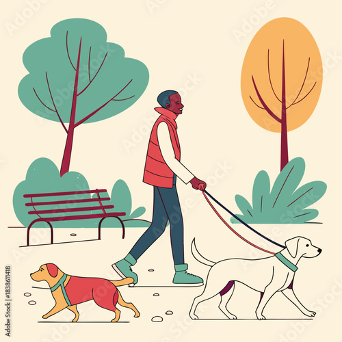 Man walking two dogs on leash in park enjoying outdoor activity 1.