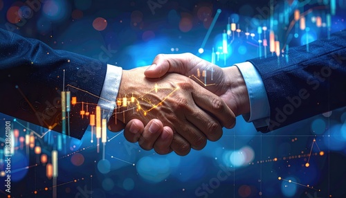 A strong handshake symbolizing a strategic business deal, the image portrays the essence of partnership and collaboration against a backdrop of modern digital technology.