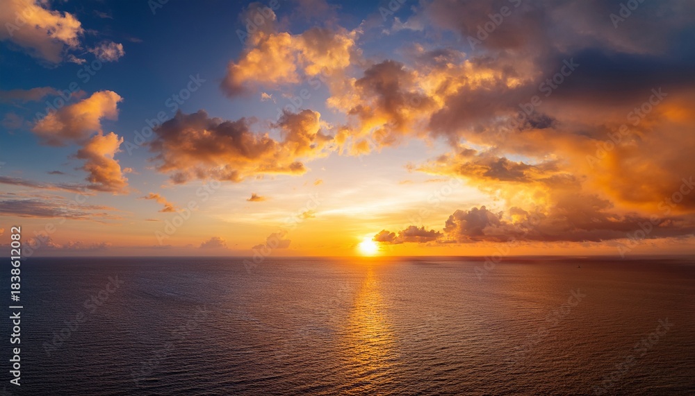 Fototapeta premium Sunset Sky Cloud Background Over Sea In The Evening With Orange Yellow Gold Sunlight Sun Dawn In Golden Hour And Dramatic Fluffy Horizon Morning Sunny Sunrise Sea Summer Sky Landscape Dusk Sky