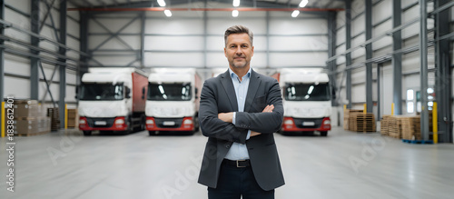 Confident businessman standing in warehouse with trucks in background  
