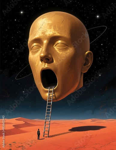 Giant head contemplates existence with man and ladder in surreal desert landscape