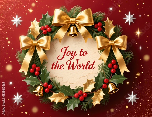Christmas wreath celebrates festive greetings in winter holidays