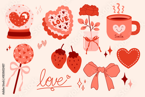set of red hearts and flowers valentine day valentines with design elements	