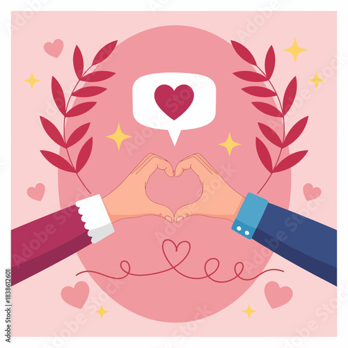 Romantic illustration of two hands forming a heart shape with love symbols around them, perfect for Valentine’s Day, wedding, romance, and relationship themes.