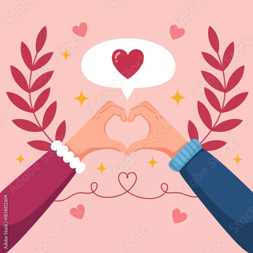 Romantic illustration of two hands forming a heart shape with love symbols around them, perfect for Valentine’s Day, wedding, romance, and relationship themes.