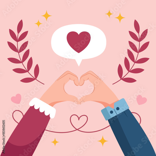 Romantic illustration of two hands forming a heart shape with love symbols around them, perfect for Valentine’s Day, wedding, romance, and relationship themes.