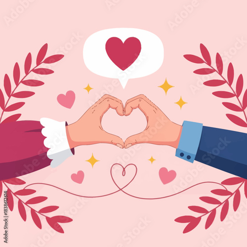 Romantic illustration of two hands forming a heart shape with love symbols around them, perfect for Valentine’s Day, wedding, romance, and relationship themes.