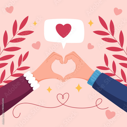 Romantic illustration of two hands forming a heart shape with love symbols around them, perfect for Valentine’s Day, wedding, romance, and relationship themes.