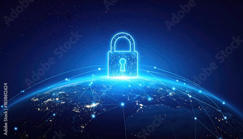 An illuminating digital padlock protects our planet in an awe-inspiring digital representation, symbolizing cybersecurity and global protection.