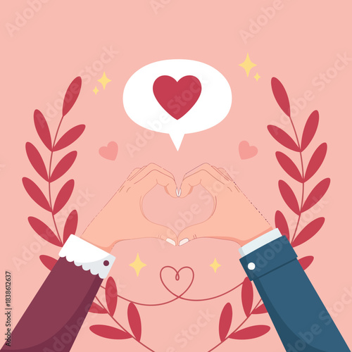 Romantic illustration of two hands forming a heart shape with love symbols around them, perfect for Valentine’s Day, wedding, romance, and relationship themes.