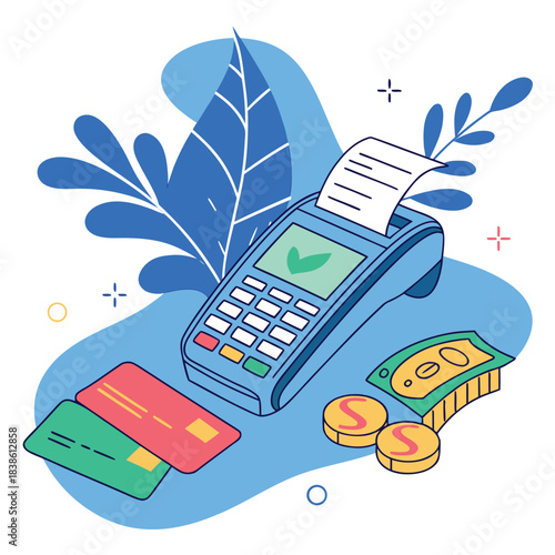 Payment terminal with credit cards and cash transaction complete business concept.