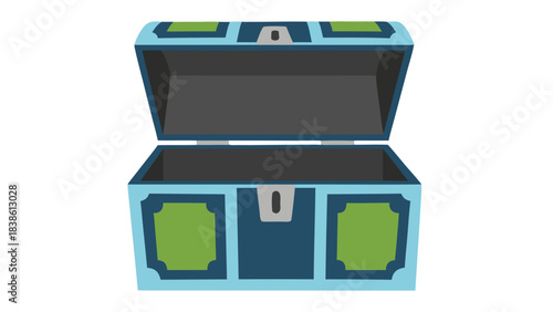 Open Blue And Green Pixel Art Treasure Chest Against Black Background Simple Flat Design Treasure Chest With Silver Lock And Hinges Ready For Contents