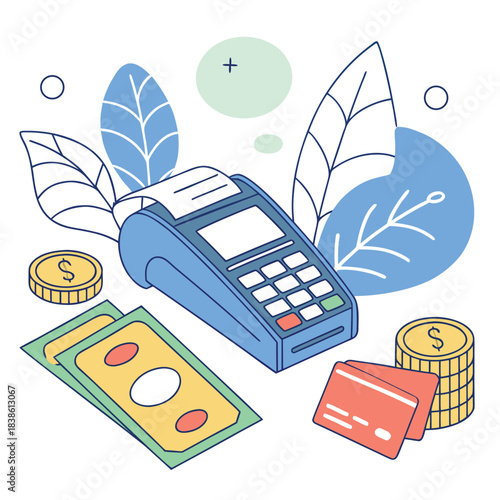 Payment terminal with money cards and coins ready for transactions in a shop.