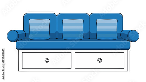 Modern Blue Three Seater Sofa With White Drawers And Striped Cushions In A Simple Clean Design