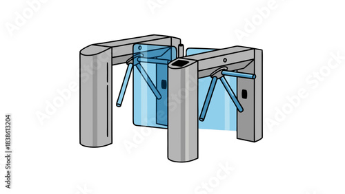 Modern Tripod Turnstile Gate with Blue Barriers for Access Control and Security in a Clean Architectural Setting