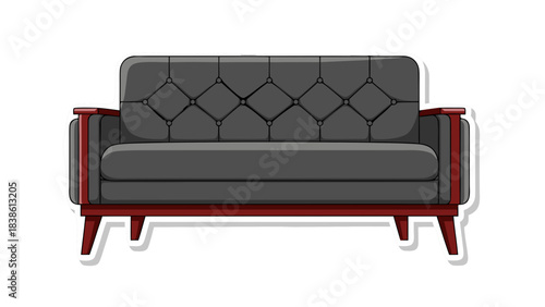 Modern Tufted Dark Gray Two Seater Sofa with Rich Brown Wood Frame and Tapered Legs Against a Transparent Background