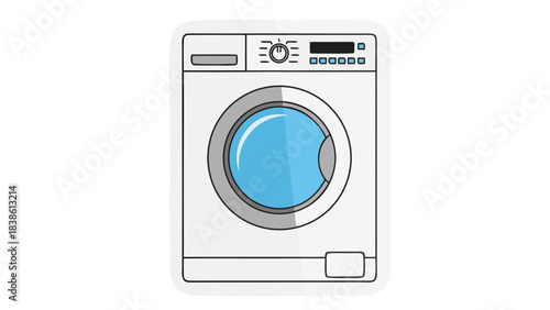 Modern White Washing Machine with Blue Glass Door and Digital Display Panel Illuminated Clean Appliance for Laundry Room with Subtle Shadows and Outline Detail
