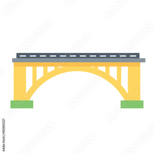 Modern Yellow Arch Bridge Structure with Green Supports and Grey Deck Featuring Train Tracks Under Clear Blue Sky and Isolated on Black Background