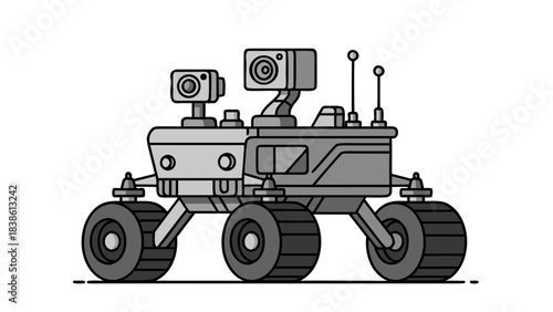 Monochrome Retro Mars Rover With Two Cameras and Large Wheels Against Black Background Minimalist Digital Art Style