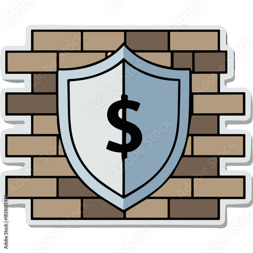 Digital Shield with Dollar Sign Symbol Protecting Brick Wall Representing Financial Security and Investment Protection
