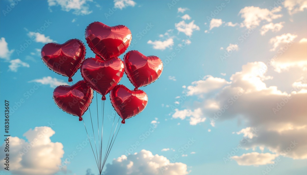 Fototapeta premium Red heart balloons against a blue, cloudy sky, ideal for valentines day, romantic events, greeting cards, lovethemed designs, and celebrations.