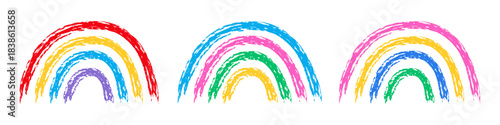 Rainbow pastel chalk set. Childlike crayon and wax drawn rainbows with soft textured strokes in playful kids sketch style. Hand drawn chalk rainbow collection with charming pastel texture.