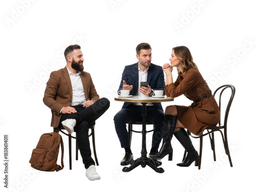 Three Adults in Conversation at a Café Table – A Professional Yet Relaxed Meeting

