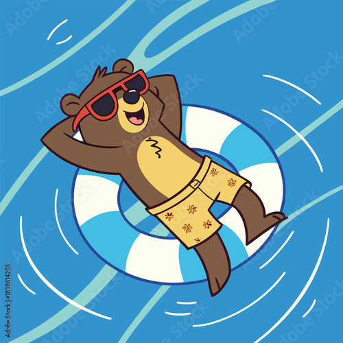 Relaxed bear floating on a pool floatie enjoying the summer sun with sunglasses.