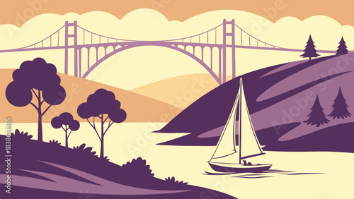 Sailboat gracefully navigates the water under a majestic bridge a serene scene.