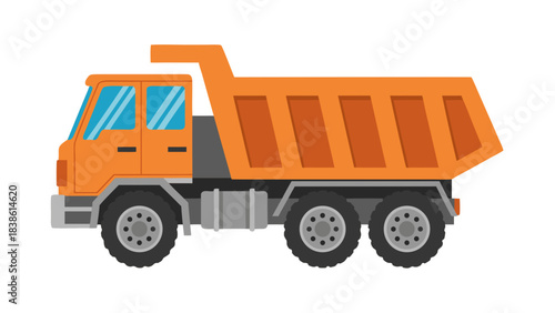 Orange Dump Truck Vehicle With Six Wheels On Black Background With Blue Windows And Gray Undercarriage For Construction Or Transportation Purpose