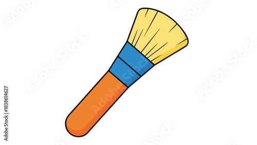 Orange Handle Makeup Brush with Blue Ferrule and Yellow Bristles Isolated on Black Background Simple Flat Design