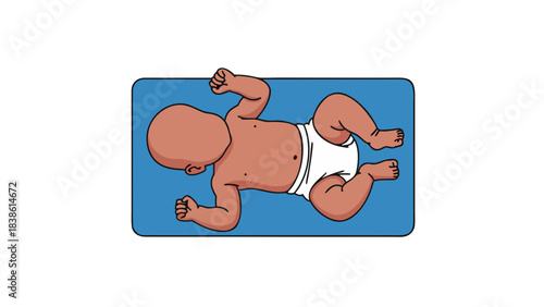 Overhead View of a Newborn Baby Lying on a Blue Mat Wearing a White Diaper with Dark Skin Tone and Pink Cheeks
