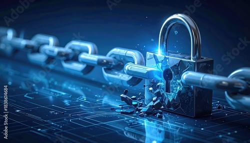 A digitally enhanced depiction of a secure chain with a broken lock, symbolizing cyber security, data protection, and the fragility of security in the digital age. 