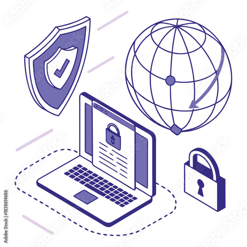 Secure digital world Laptop shield globe and padlock representing online security.