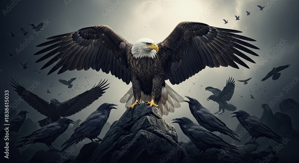 Obraz premium Majestic Eagle in the Storm: An awe-inspiring bald eagle perches atop a rugged peak, its wings spread wide against a stormy sky, encircled by a chorus of ravens.