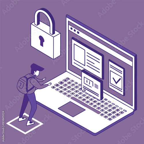 Secure online access and data protection with laptop and padlock illustration.