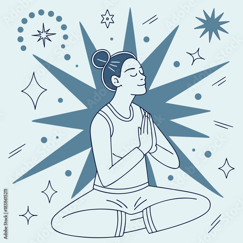Serene woman meditating in lotus position achieving inner peace and mindfulness.