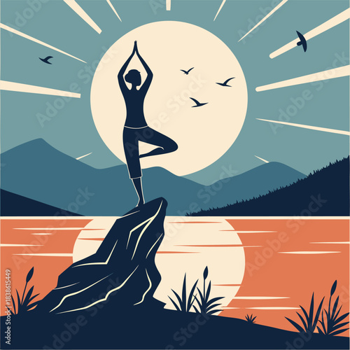 Silhouette of a person practicing yoga on a rock balancing pose.