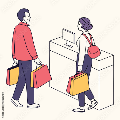 Shoppers leaving store with purchases carrying shopping bags ready to go home.